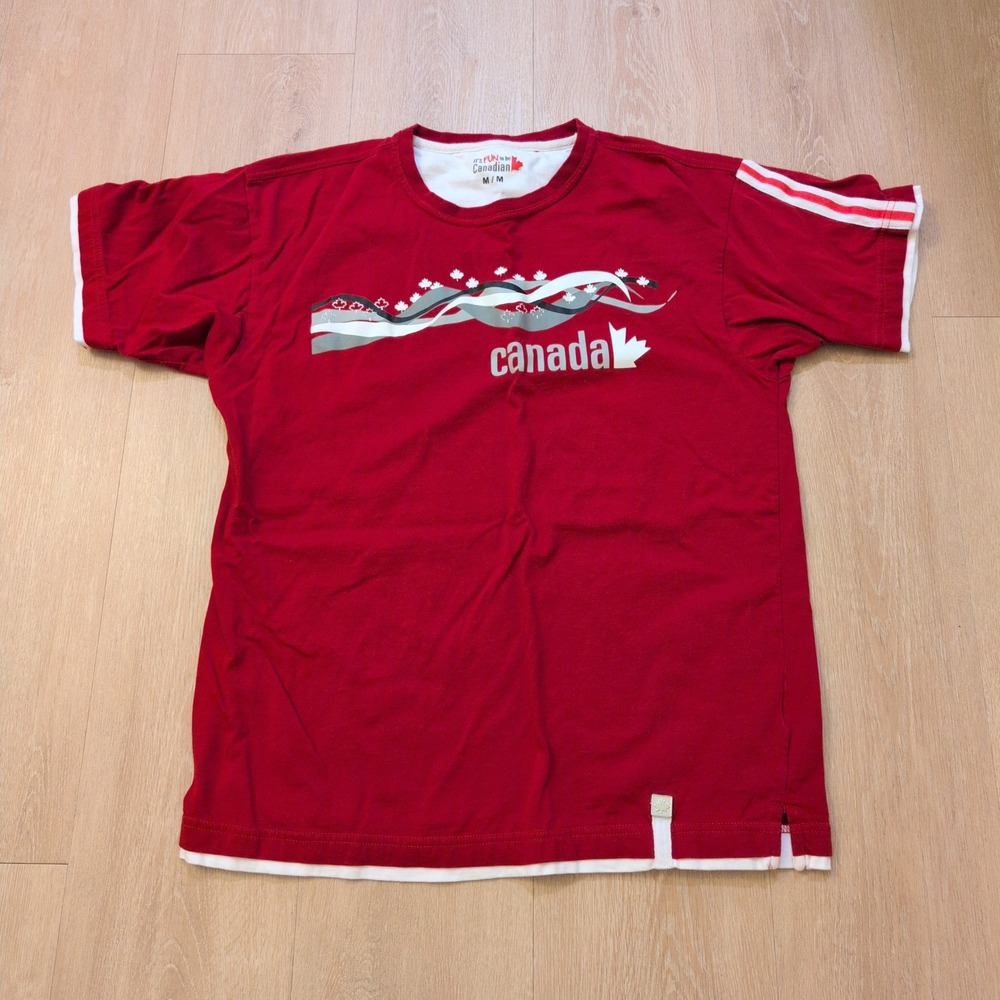 Its Fun to be Canadian Men's Medium Red Graphic Shirt Layered Maple Leaf
